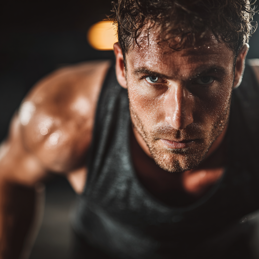 Athletic man in gym showing determination and strength during workout