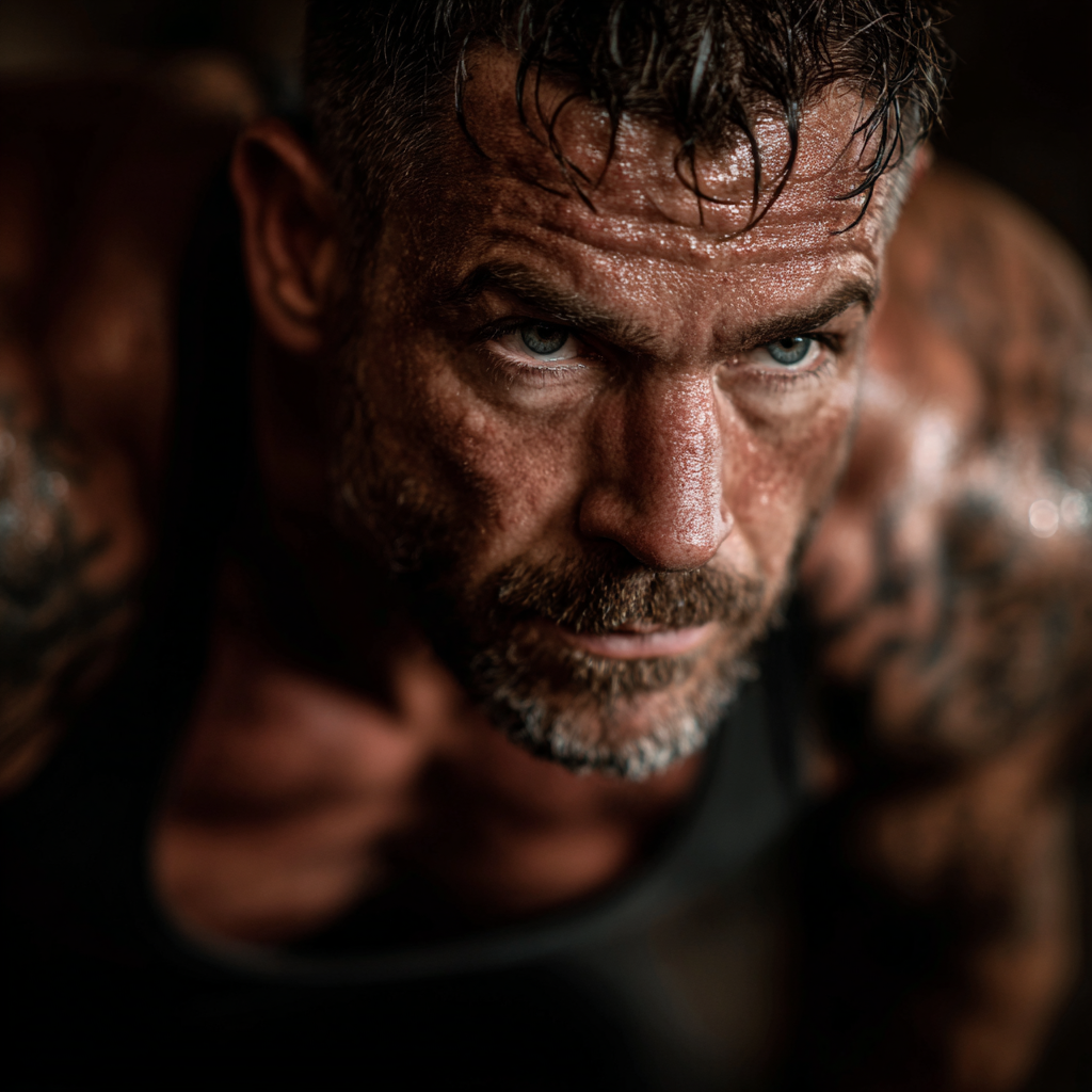 Motivated man preparing for intense training session with focus and determination