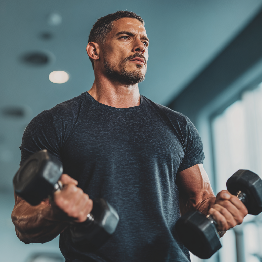 Strong confident man training with weights in modern gym setting
